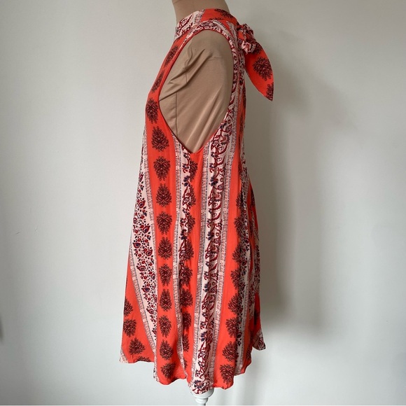Free People Orange Multi Print Keyhole Tie Neck Sleeveless Mini Tent Dress EUC S - Picture 2 of 9